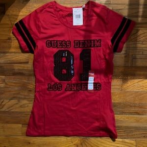 GUESS Los Angeles Gamma Football Tee - Women size M Red and black